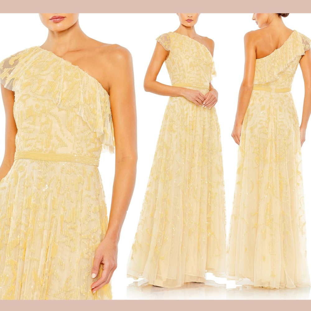 NWT $698 Mac Duggal [ 4 ] 5664 Ruffle‎ Neckline Sequin A Line Gown Yellow